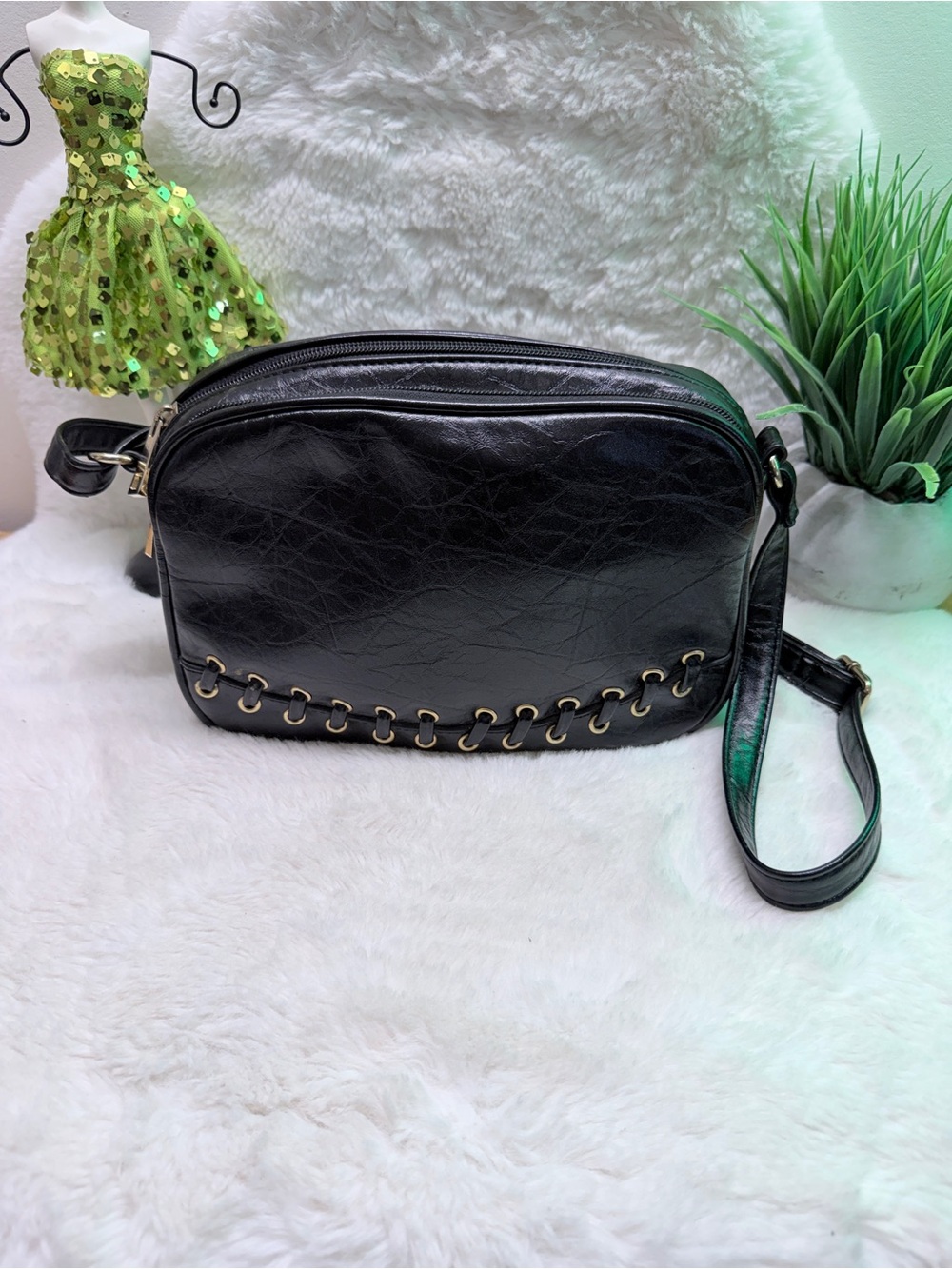 Alia Black Crossbody Bag with Decorative Grommet Detail & Adjustable Strap 🔥